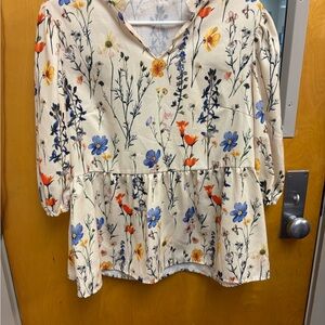 Floral V-Neck Blouse with Blue and Orange Accents